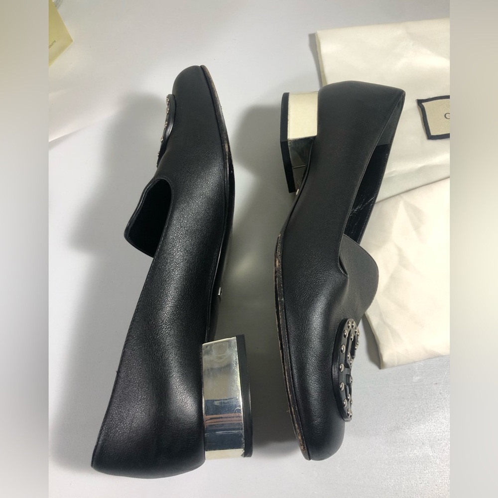 Gucci Loafers Silver Stud Logo Heel Classic Edgy Size 37 - Picture 4 of 9